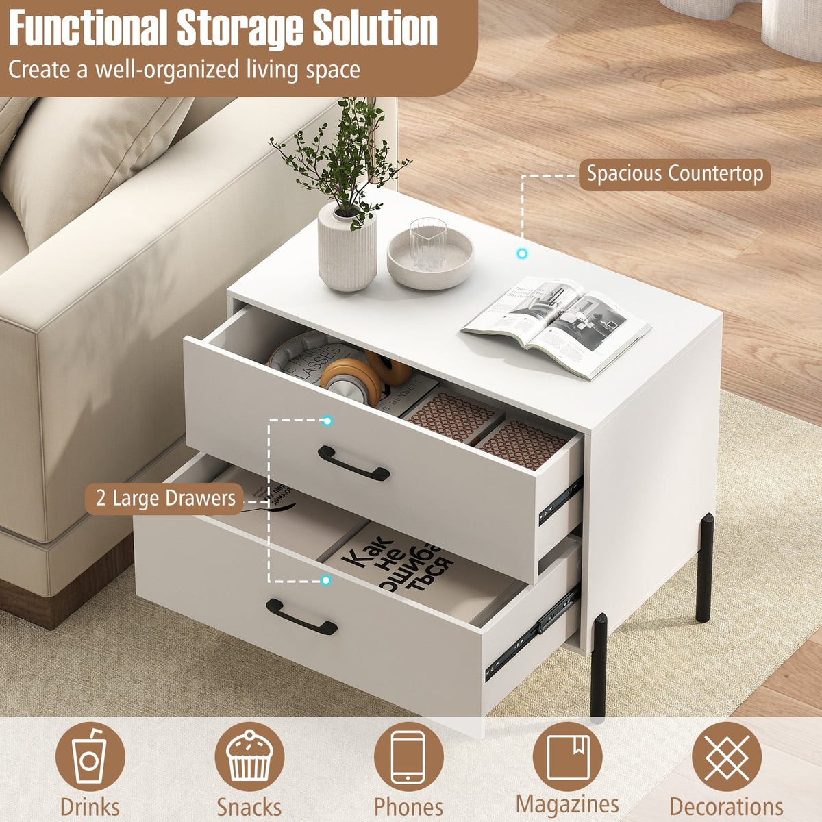 Modern Wooden 2-Drawer Nightstand with Metal Legs and Handles-White-Nightstands-DECOROLALA