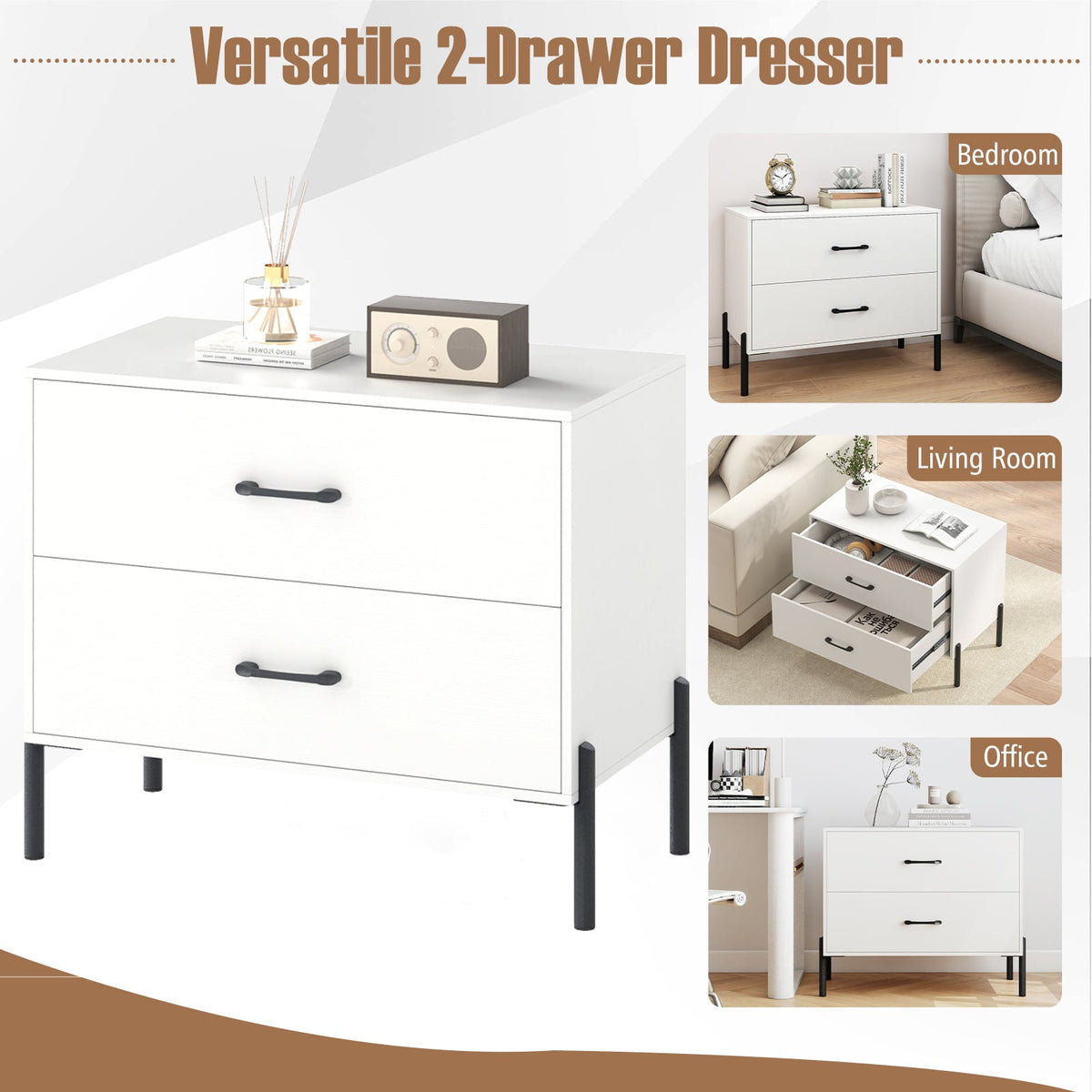 Modern Wooden 2-Drawer Nightstand with Metal Legs and Handles-White-Nightstands-DECOROLALA