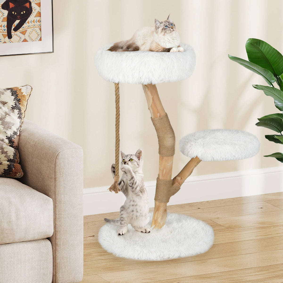 Modern Wooden Cat Tree Tower with Perch and Natural Jute Scratching Posts-White-Cat Trees & Scratchers-DECOROLALA