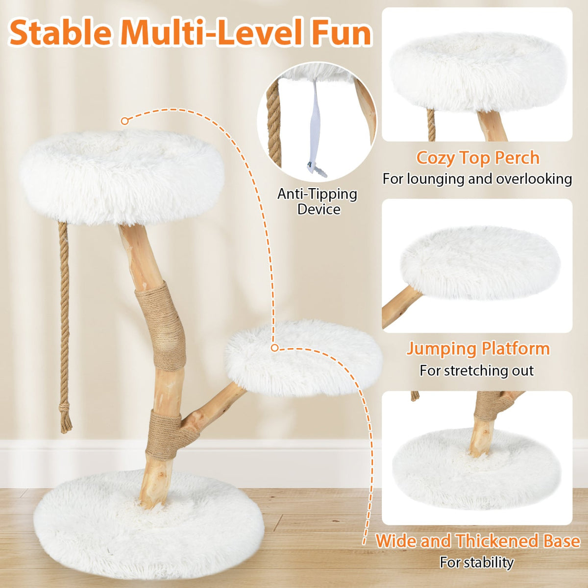 Modern Wooden Cat Tree Tower with Perch and Natural Jute Scratching Posts-White-Cat Trees & Scratchers-DECOROLALA