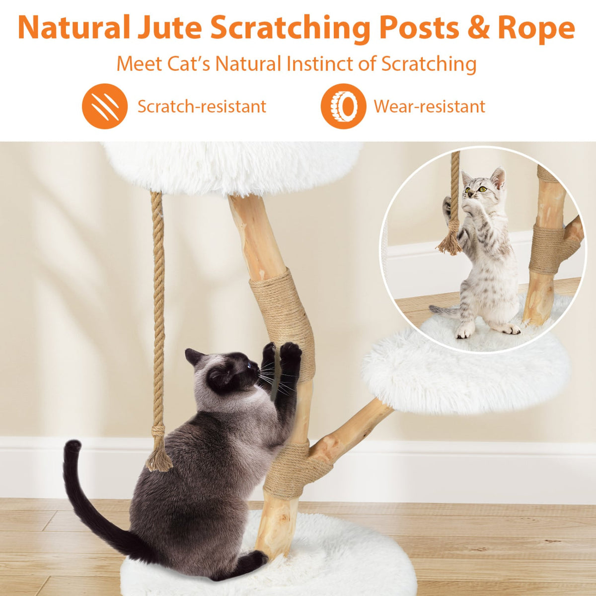 Modern Wooden Cat Tree Tower with Perch and Natural Jute Scratching Posts-White-Cat Trees & Scratchers-DECOROLALA