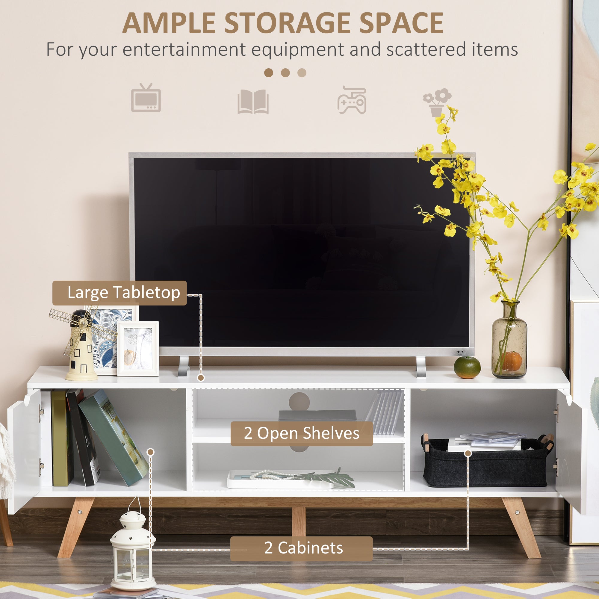 Modern Wooden TV Stand with 2 Storage Cabinet Stand for TV's up to 65" for Living Room Office, Storage Entertainment Center, White-Home Furnishings > Living Room Furniture > TV¬†Stands-DECOROLALA