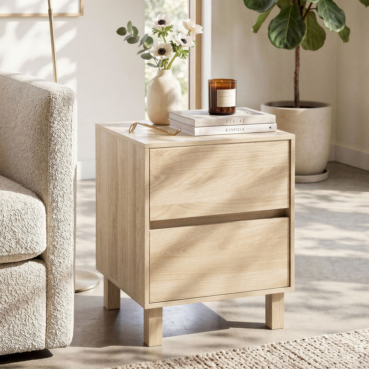 Modern WoodenEnd Table with 2 Storage Drawers-Natural-End & Side Tables-DECOROLALA