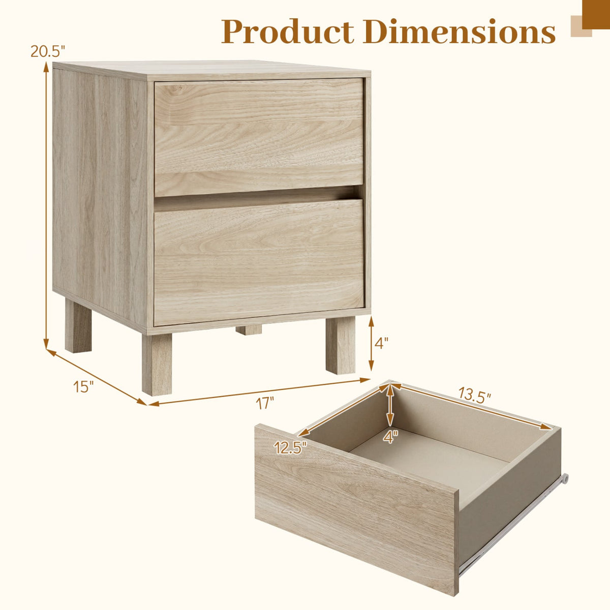Modern WoodenEnd Table with 2 Storage Drawers-Natural-End & Side Tables-DECOROLALA