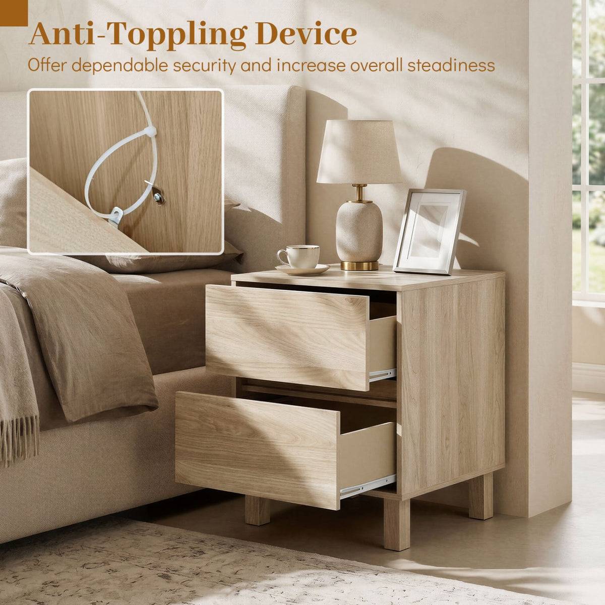 Modern WoodenEnd Table with 2 Storage Drawers-Natural-End & Side Tables-DECOROLALA