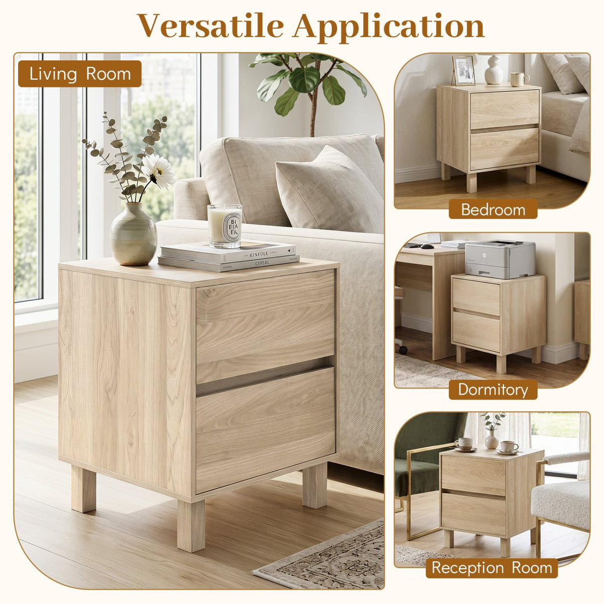 Modern WoodenEnd Table with 2 Storage Drawers-Natural-End & Side Tables-DECOROLALA