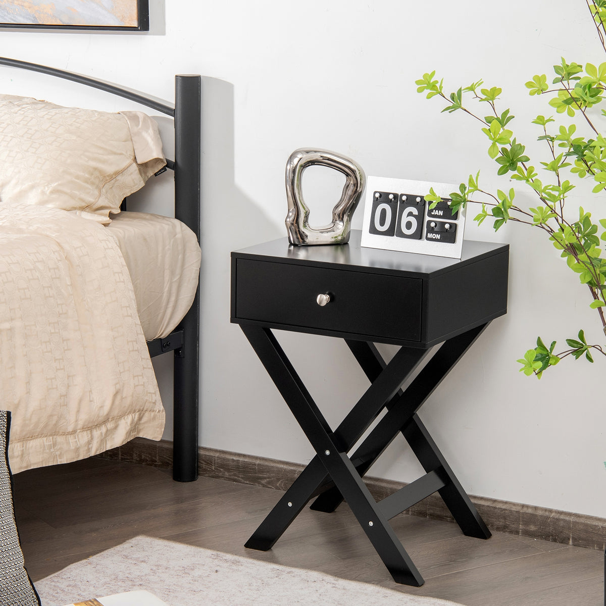 Modern X-Shaped Nightstand with Drawer for Living Room Bedroom-Black-Nightstands-DECOROLALA