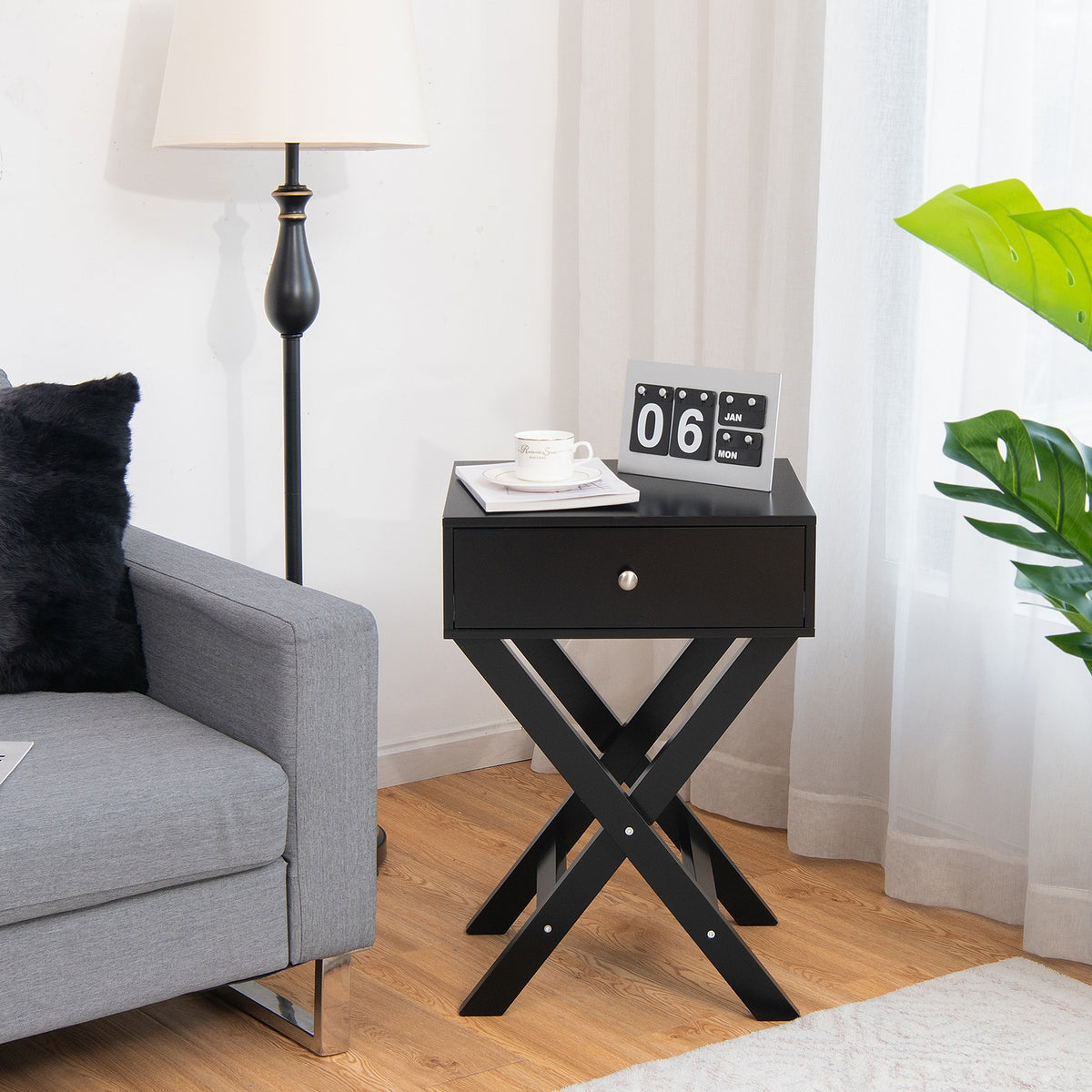 Modern X-Shaped Nightstand with Drawer for Living Room Bedroom-Black-Nightstands-DECOROLALA