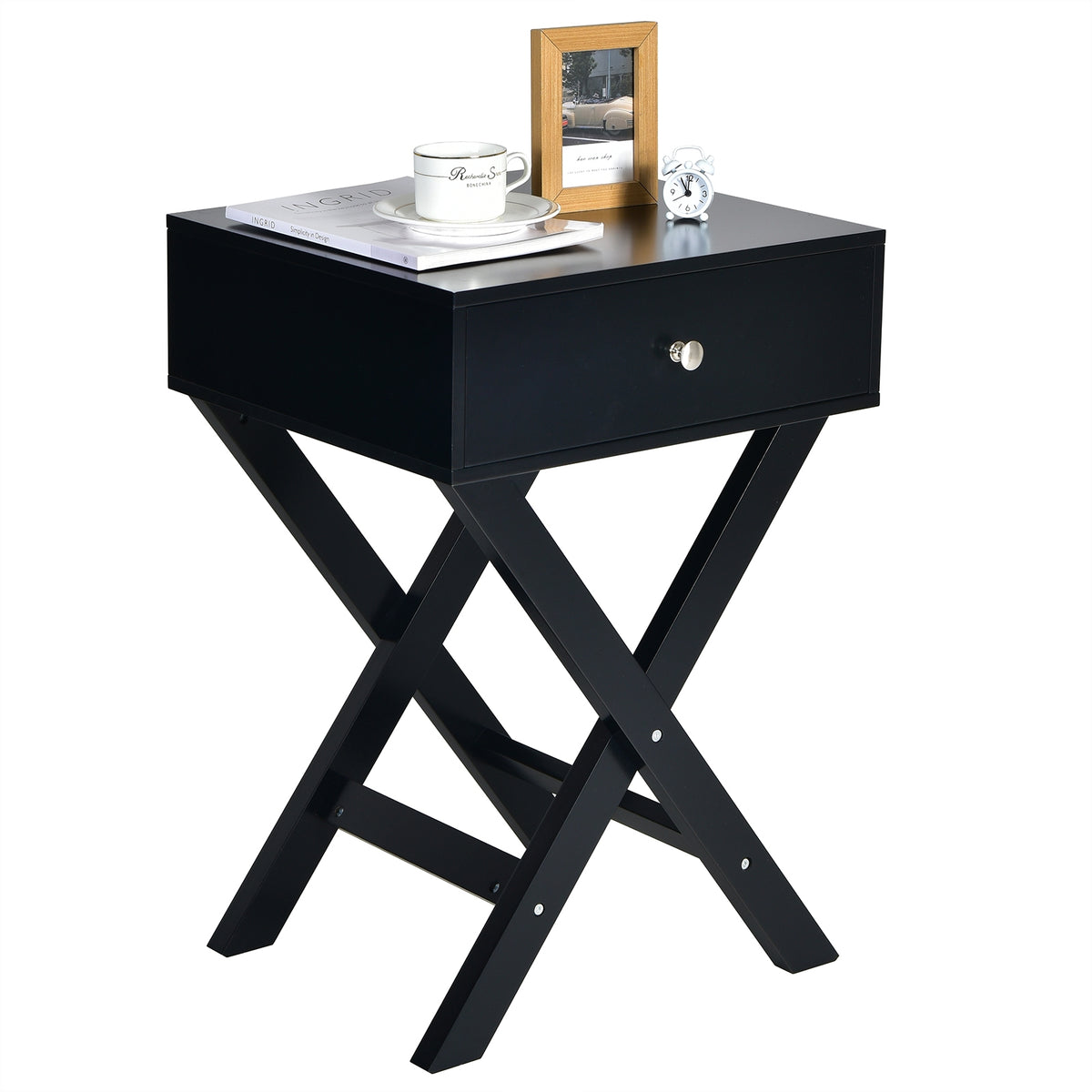 Modern X-Shaped Nightstand with Drawer for Living Room Bedroom-Black-Nightstands-DECOROLALA