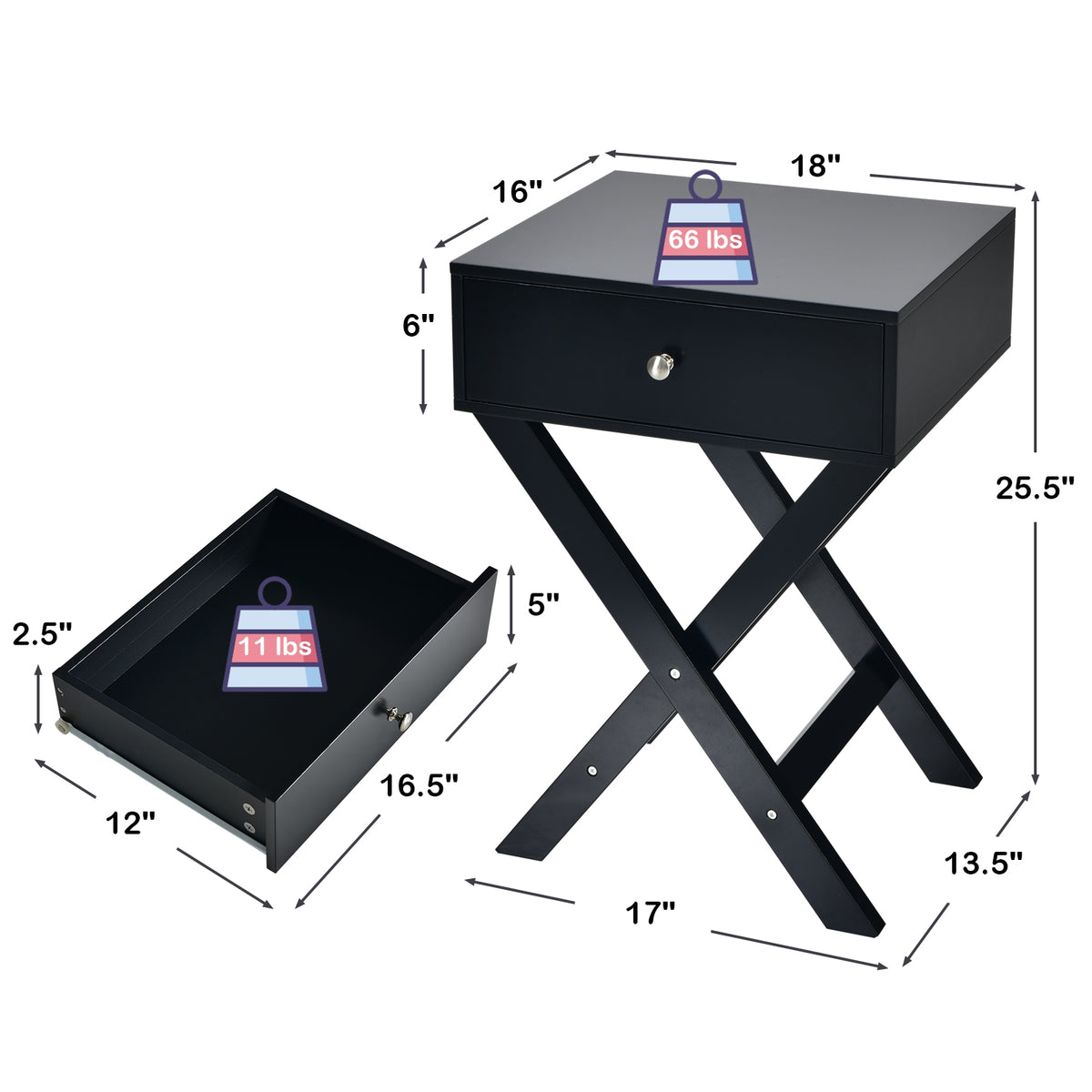 Modern X-Shaped Nightstand with Drawer for Living Room Bedroom-Black-Nightstands-DECOROLALA