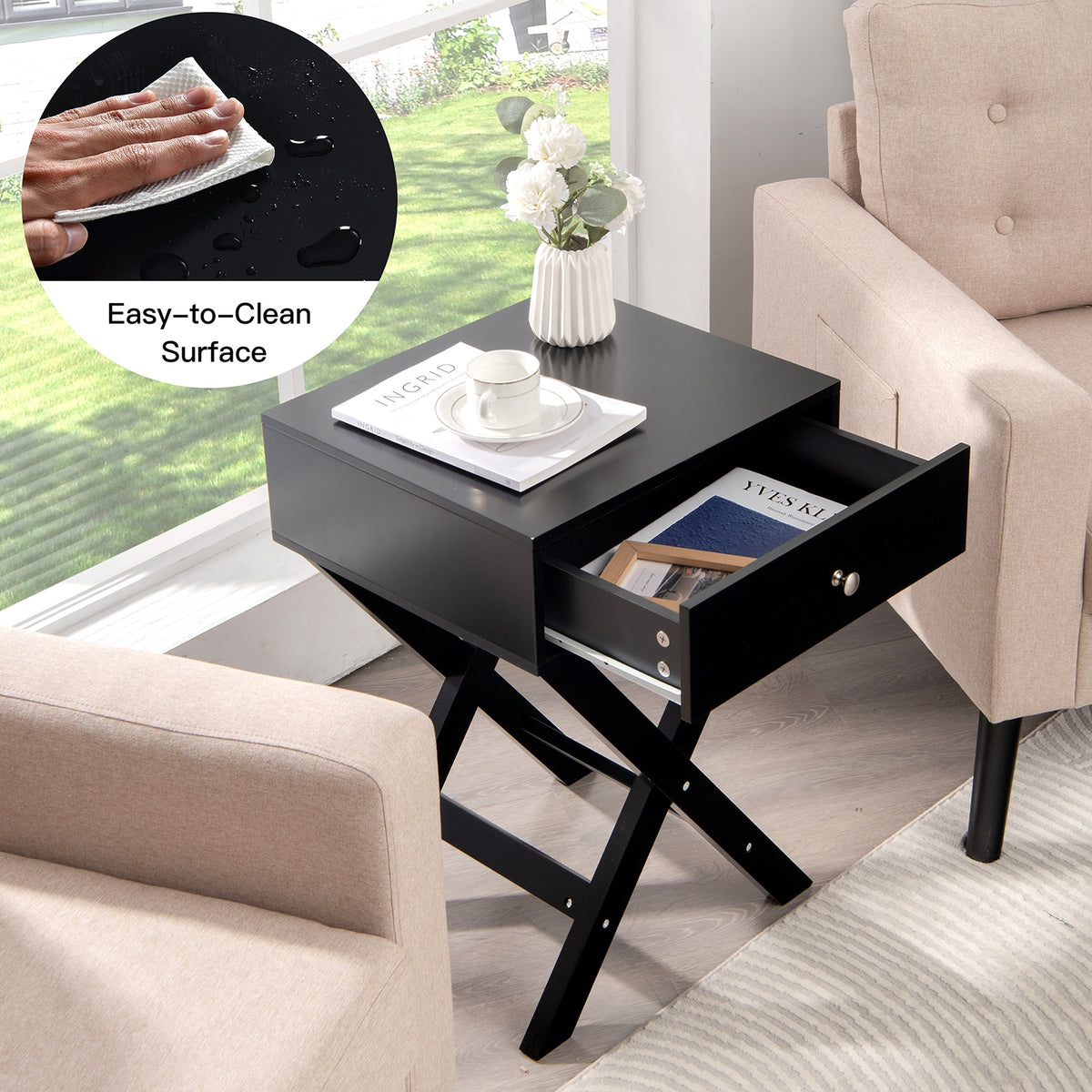 Modern X-Shaped Nightstand with Drawer for Living Room Bedroom-Black-Nightstands-DECOROLALA