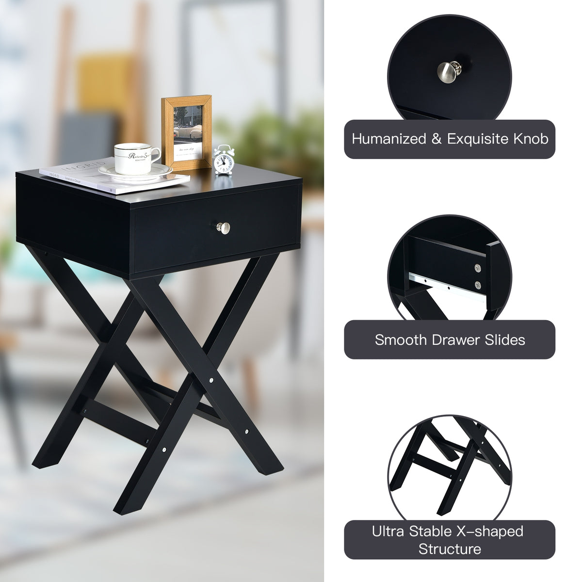 Modern X-Shaped Nightstand with Drawer for Living Room Bedroom-Black-Nightstands-DECOROLALA
