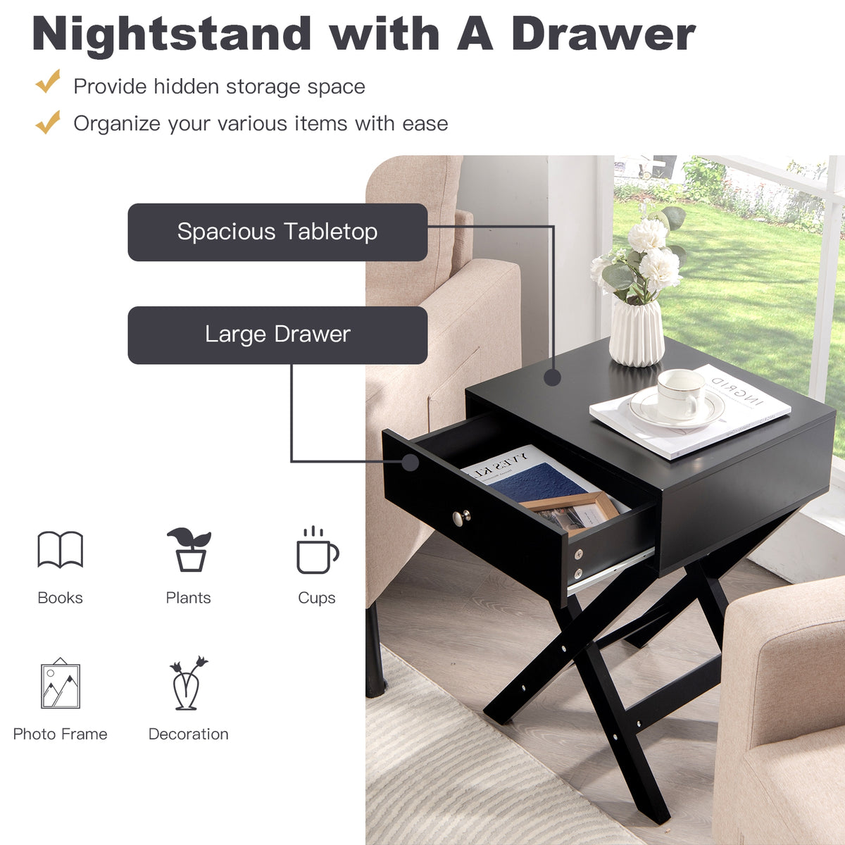 Modern X-Shaped Nightstand with Drawer for Living Room Bedroom-Black-Nightstands-DECOROLALA