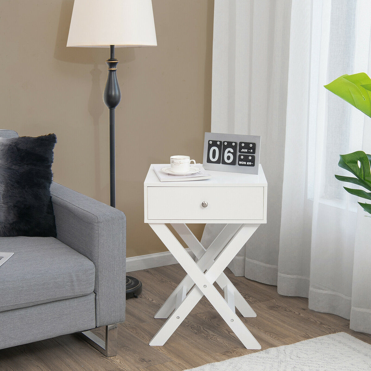 Modern X-Shaped Nightstand with Drawer for Living Room Bedroom-White-Nightstands-DECOROLALA