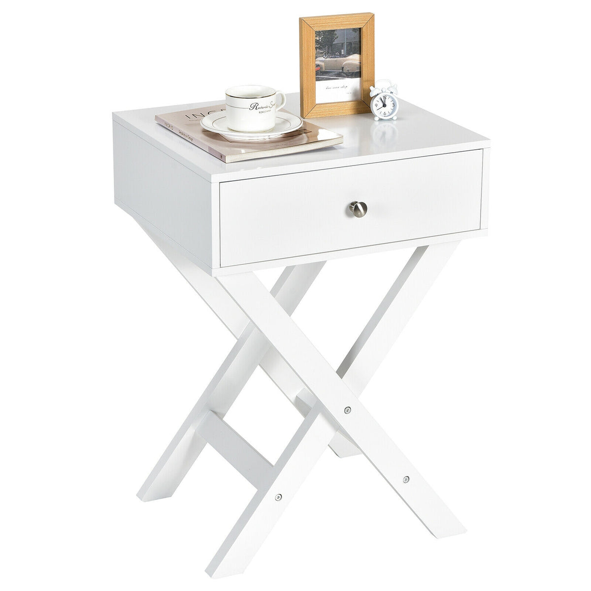 Modern X-Shaped Nightstand with Drawer for Living Room Bedroom-White-Nightstands-DECOROLALA
