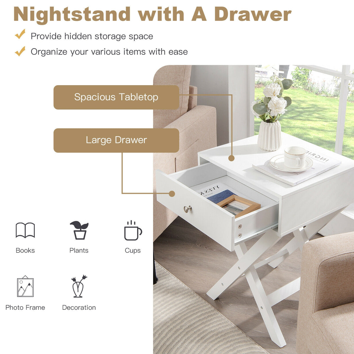 Modern X-Shaped Nightstand with Drawer for Living Room Bedroom-White-Nightstands-DECOROLALA