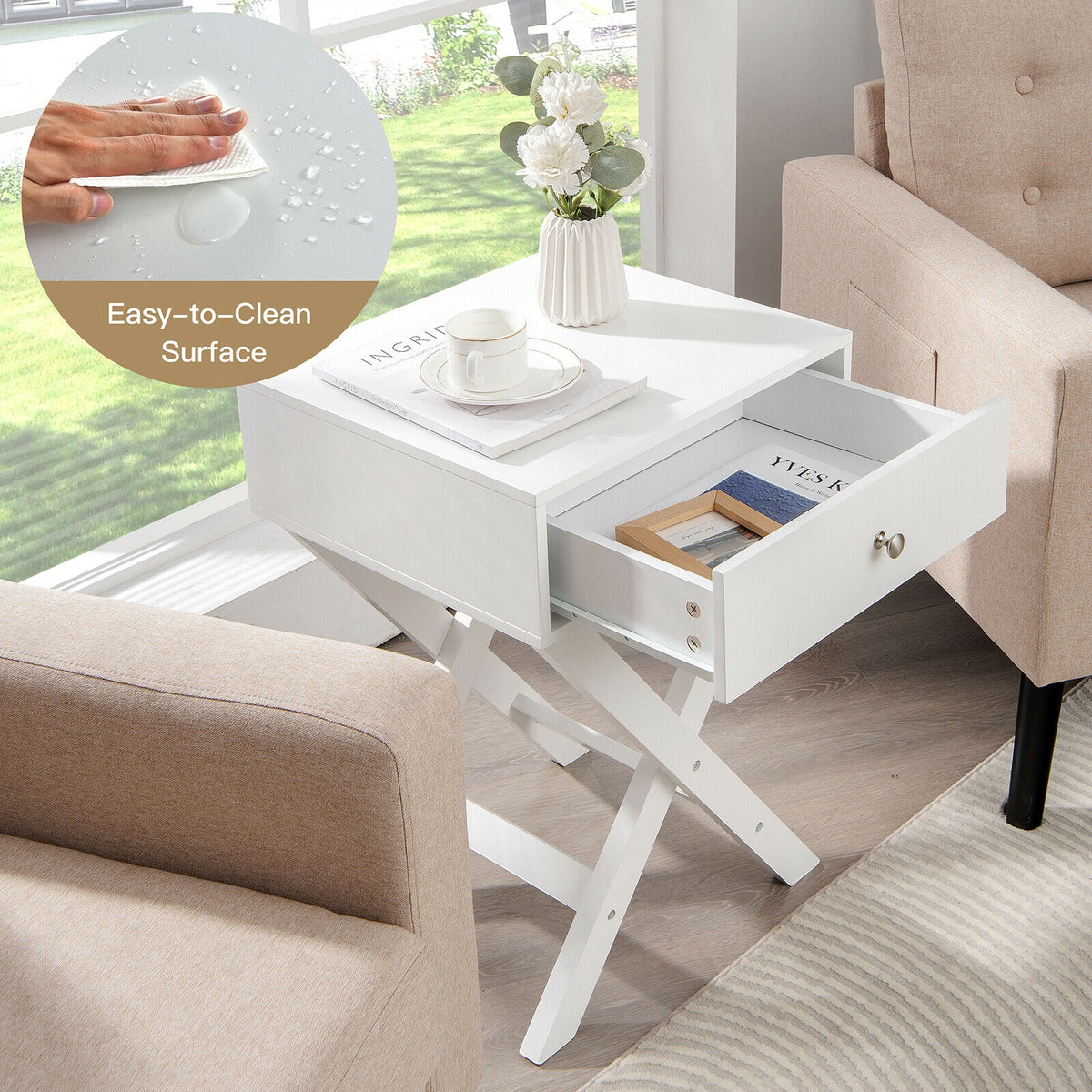 Modern X-Shaped Nightstand with Drawer for Living Room Bedroom-White-Nightstands-DECOROLALA