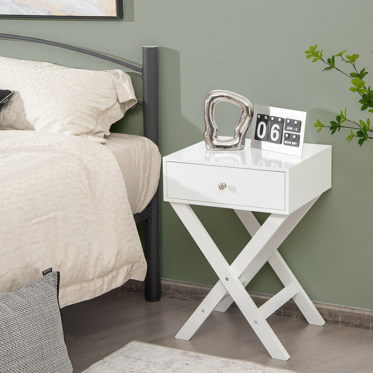 Modern X-Shaped Nightstand with Drawer for Living Room Bedroom-White-Nightstands-DECOROLALA