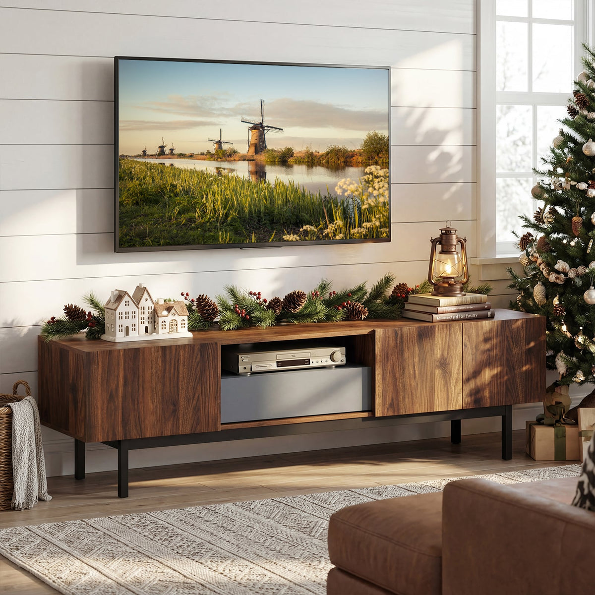 Modern Mid Century TV Cabinetfor TVs up to 82" with Drawer-Walnut-Entertainment Centers & TV Stands-DECOROLALA