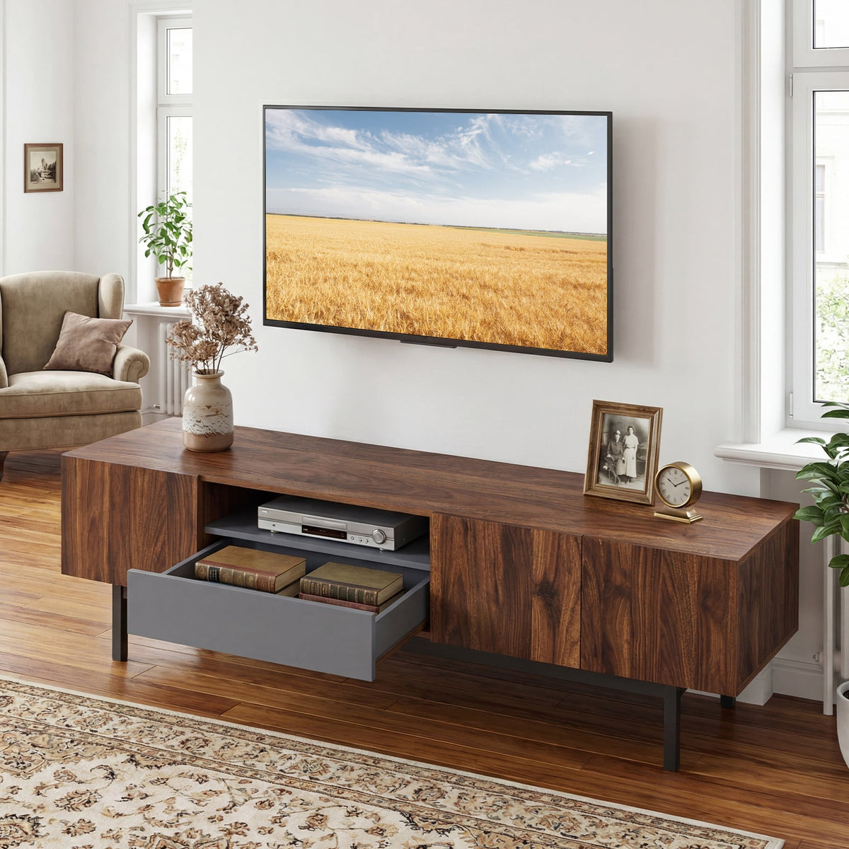 Modern Mid Century TV Cabinetfor TVs up to 82" with Drawer-Walnut-Entertainment Centers & TV Stands-DECOROLALA