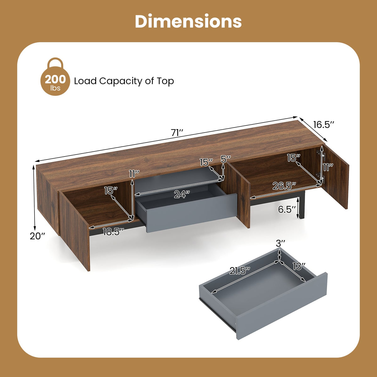 Modern Mid Century TV Cabinetfor TVs up to 82" with Drawer-Walnut-Entertainment Centers & TV Stands-DECOROLALA