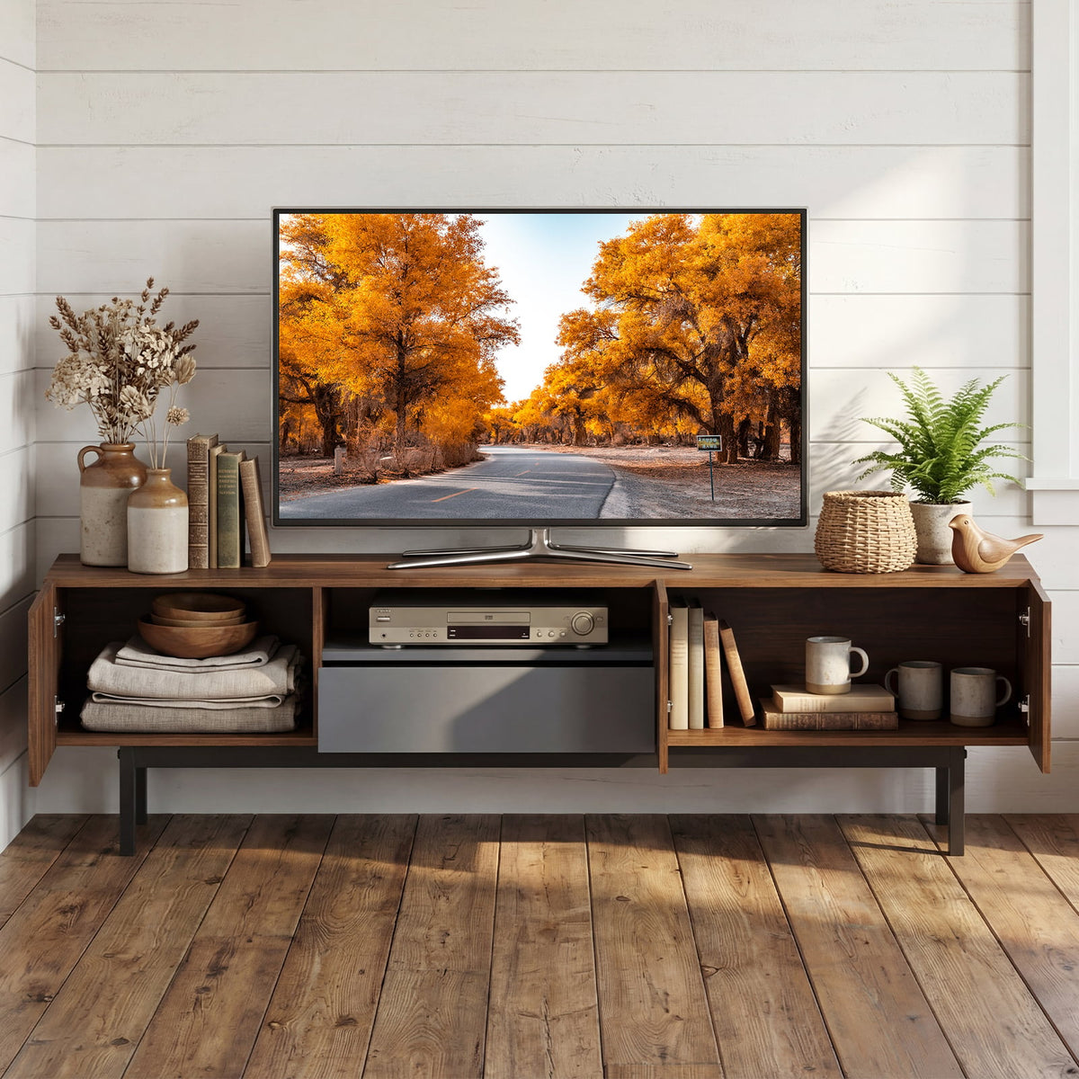 Modern Mid Century TV Cabinetfor TVs up to 82" with Drawer-Walnut-Entertainment Centers & TV Stands-DECOROLALA
