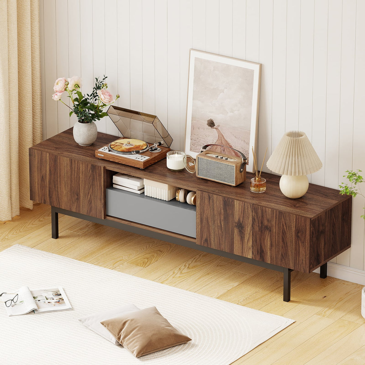 Modern Mid Century TV Cabinetfor TVs up to 82" with Drawer-Walnut-Entertainment Centers & TV Stands-DECOROLALA