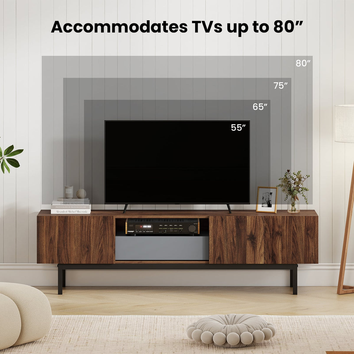 Modern Mid Century TV Cabinetfor TVs up to 82" with Drawer-Walnut-Entertainment Centers & TV Stands-DECOROLALA