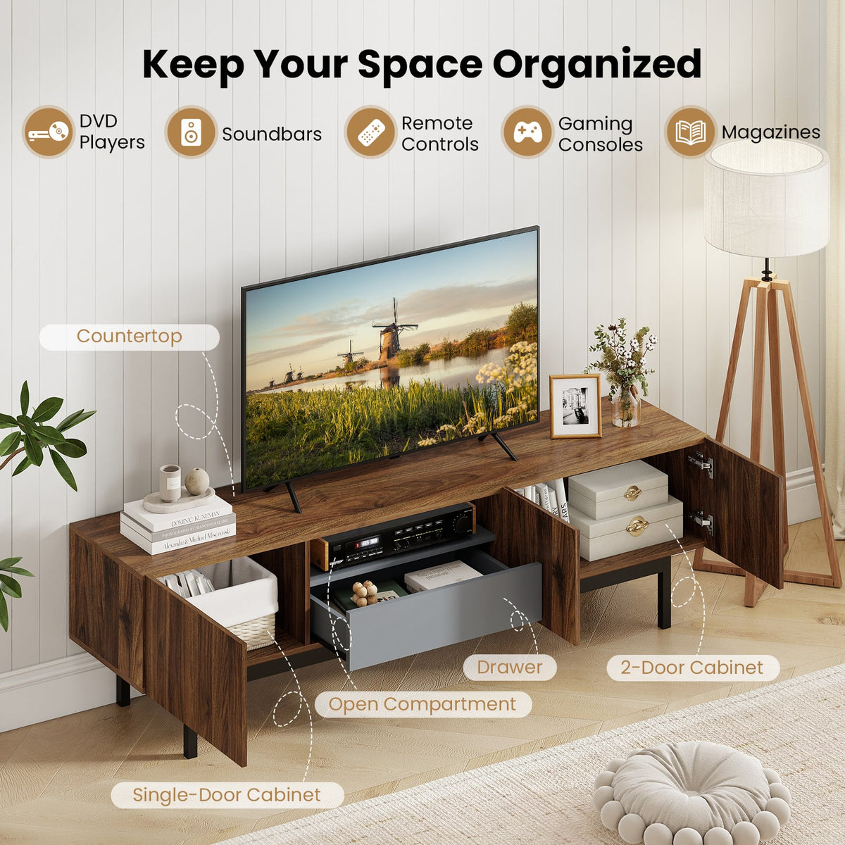 Modern Mid Century TV Cabinetfor TVs up to 82" with Drawer-Walnut-Entertainment Centers & TV Stands-DECOROLALA