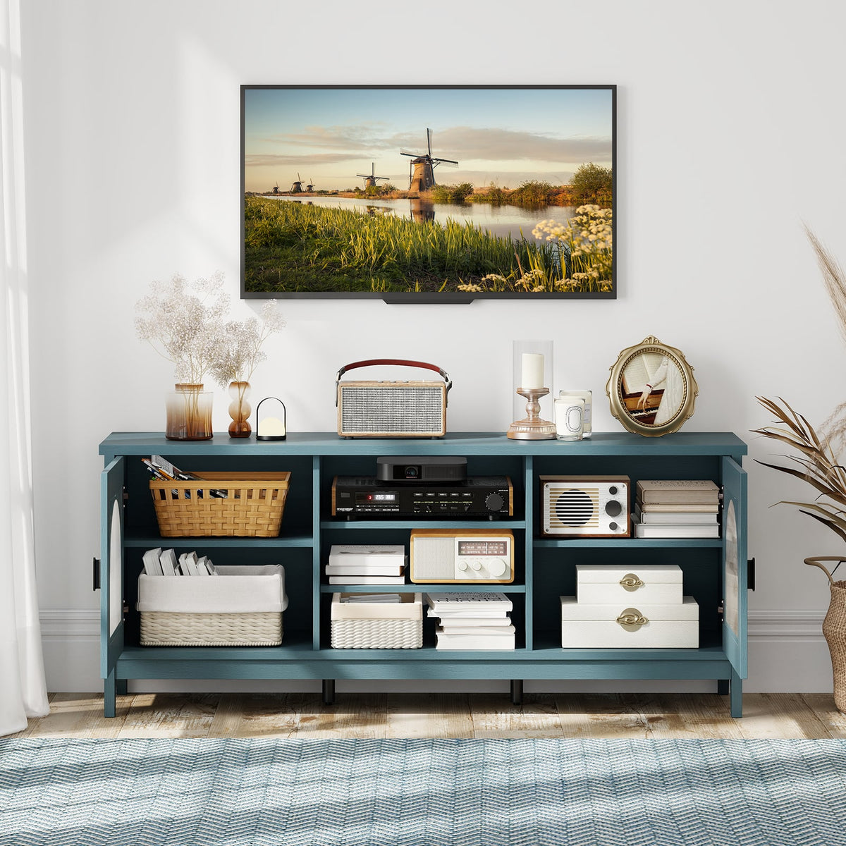 Modern Vintage TV Cabinet with Adjustable Shelves and 2 Cable Holes for TVs up to 65 Inches-Turquoise-Entertainment Centers & TV Stands-DECOROLALA