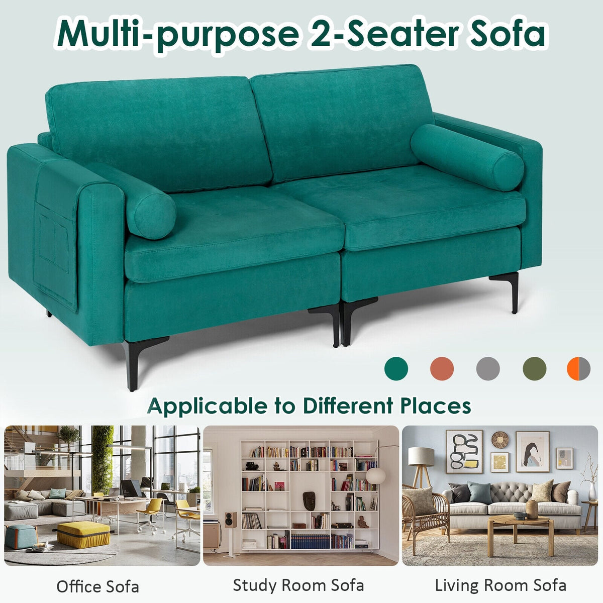 Peacock Blue Suede 2-Seat Modular Loveseat Sofa with USB Port-Sofas & Loveseats-DECOROLALA