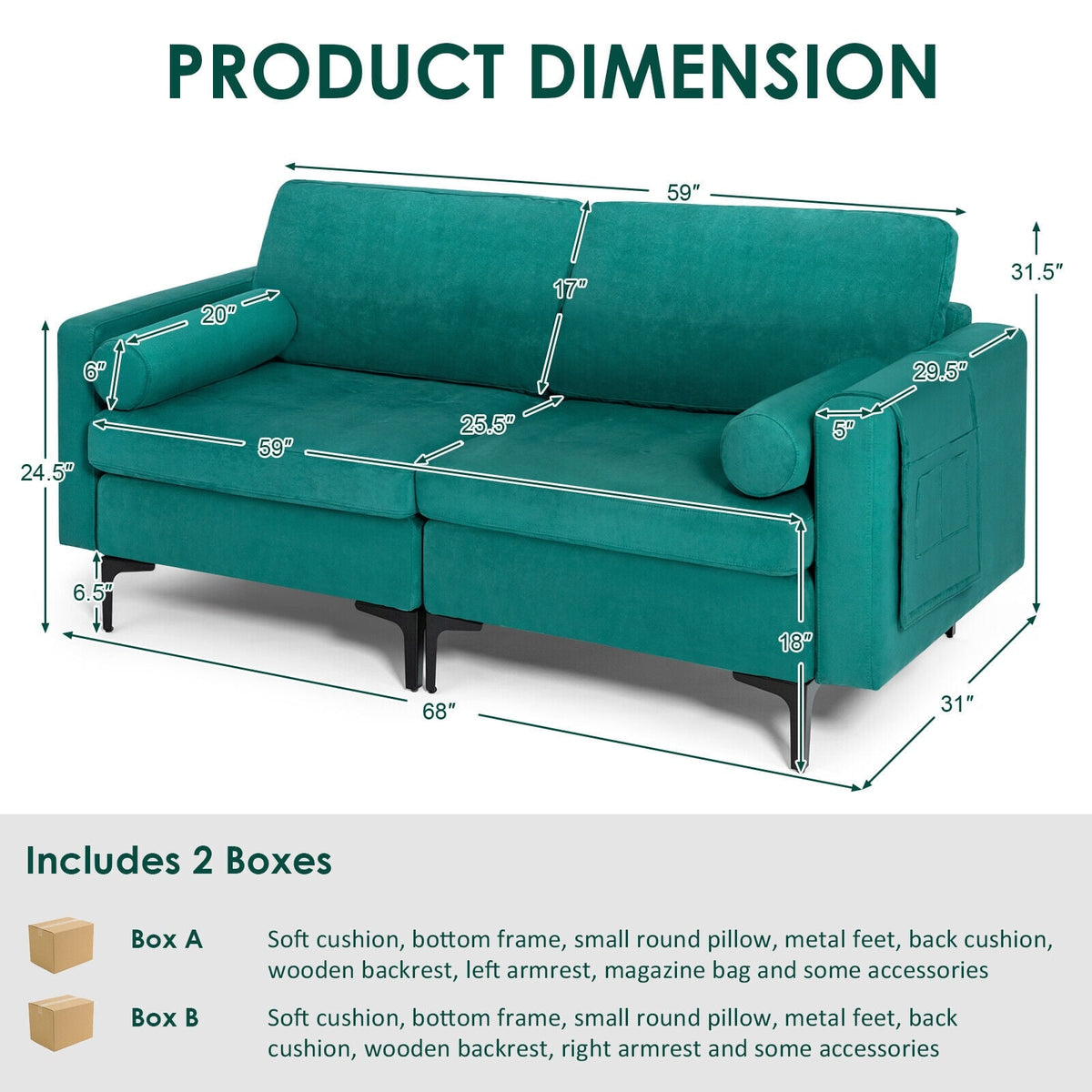 Peacock Blue Suede 2-Seat Modular Loveseat Sofa with USB Port-Sofas & Loveseats-DECOROLALA