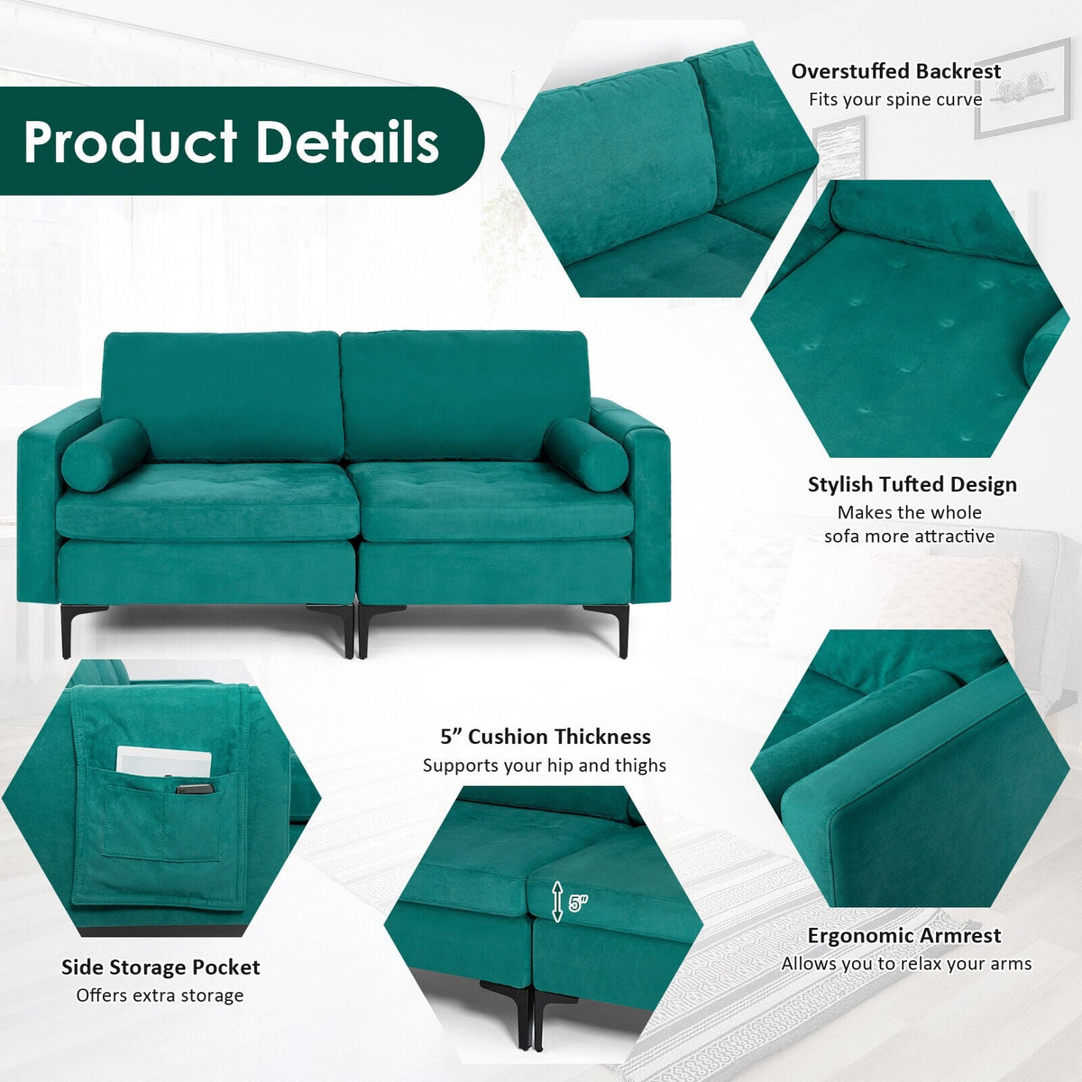Peacock Blue Suede 2-Seat Modular Loveseat Sofa with USB Port-Sofas & Loveseats-DECOROLALA