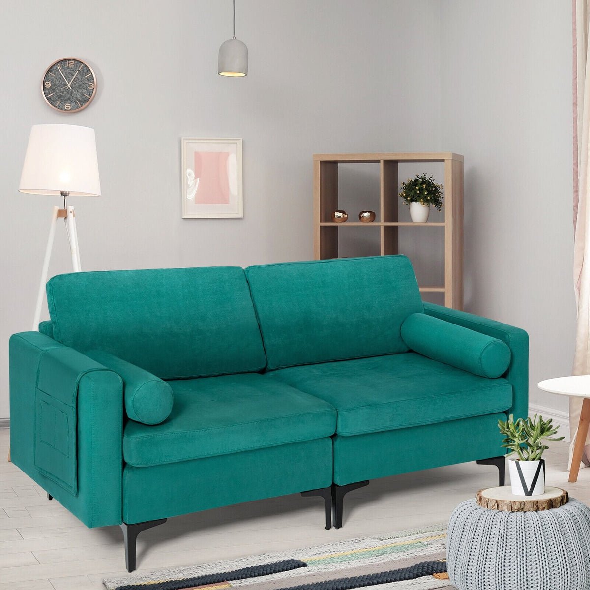 Peacock Blue Suede 2-Seat Modular Loveseat Sofa with USB Port-Sofas & Loveseats-DECOROLALA