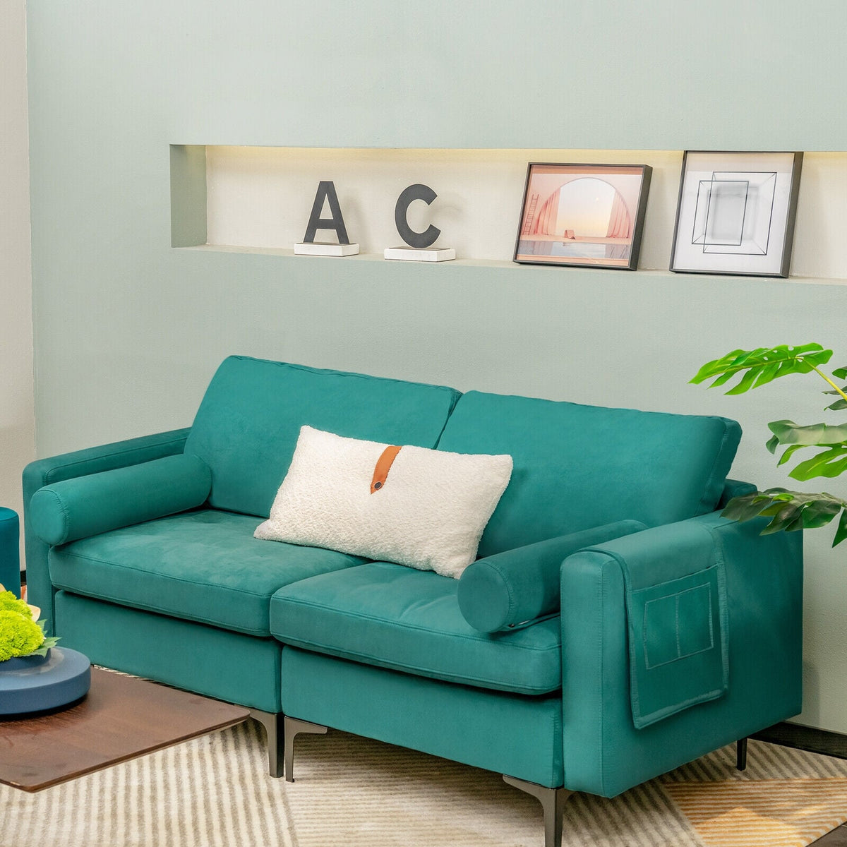 Peacock Blue Suede 2-Seat Modular Loveseat Sofa with USB Port-Sofas & Loveseats-DECOROLALA
