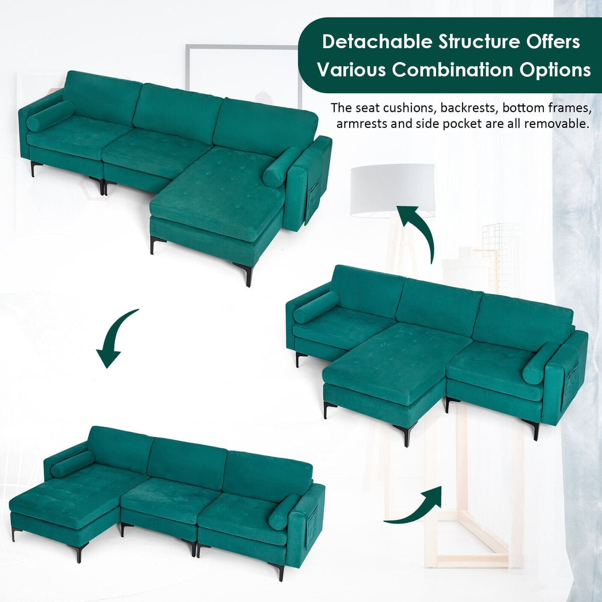 3-Seat Modular L-Shaped Sectional Sofa - Peacock Blue Suede-Sofas & Loveseats-DECOROLALA