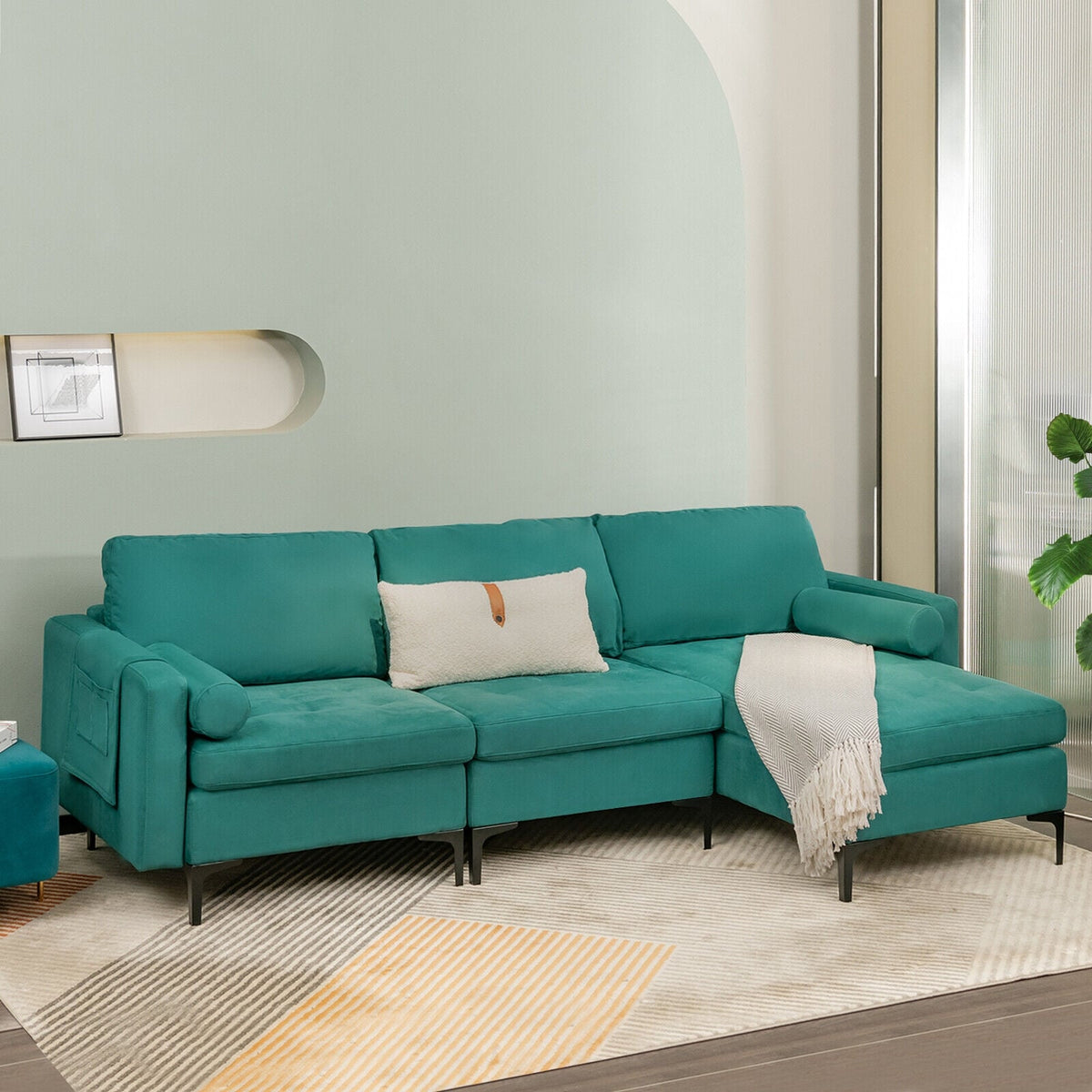 3-Seat Modular L-Shaped Sectional Sofa - Peacock Blue Suede-Sofas & Loveseats-DECOROLALA
