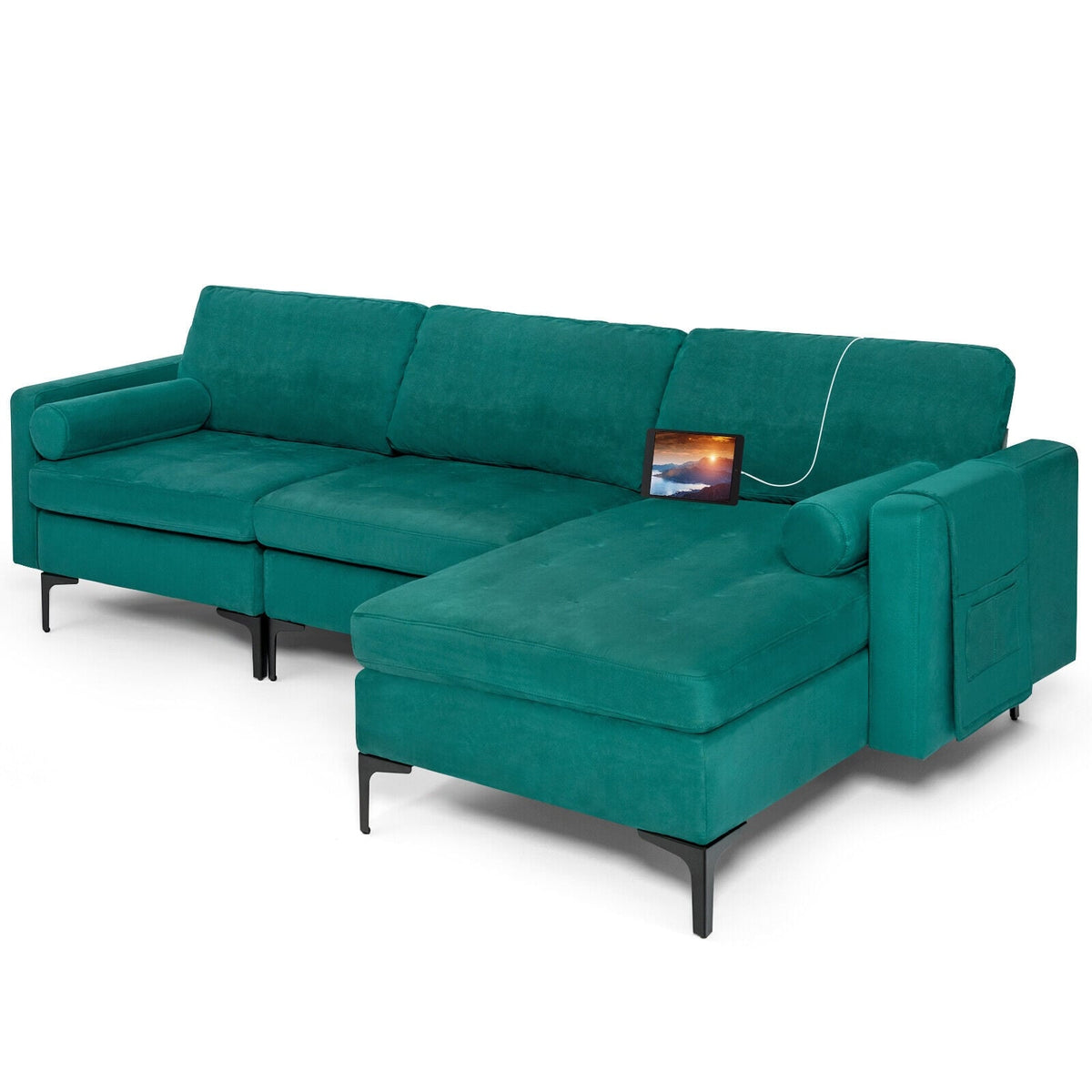 3-Seat Modular L-Shaped Sectional Sofa - Peacock Blue Suede-Sofas & Loveseats-DECOROLALA