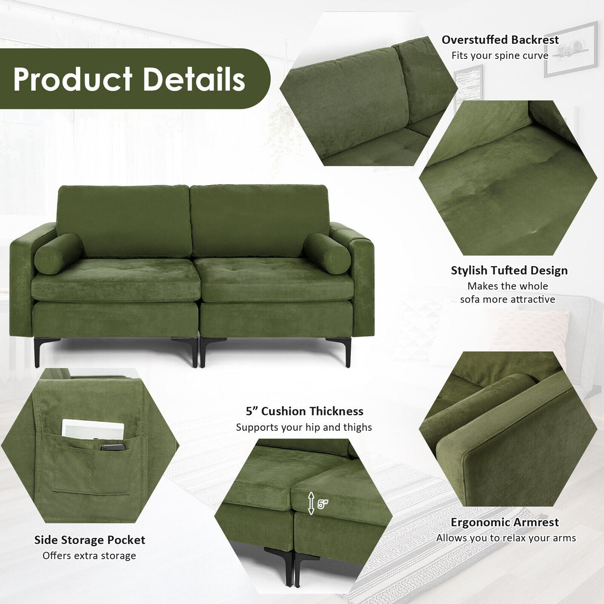 Modular 2-seat/3-Seat/4-Seat L-shaped Sectional Sofa Couch with Reversible Chaise and Socket USB Ports-2-Seat-Sofas & Loveseats-DECOROLALA