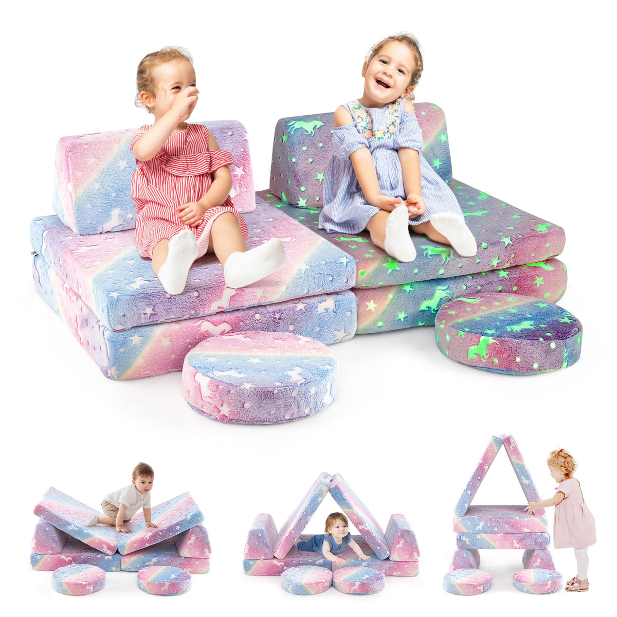 Modular Kids Play Couch Set Glow in the Dark with Portable Handles-Color-Kids Chairs-DECOROLALA