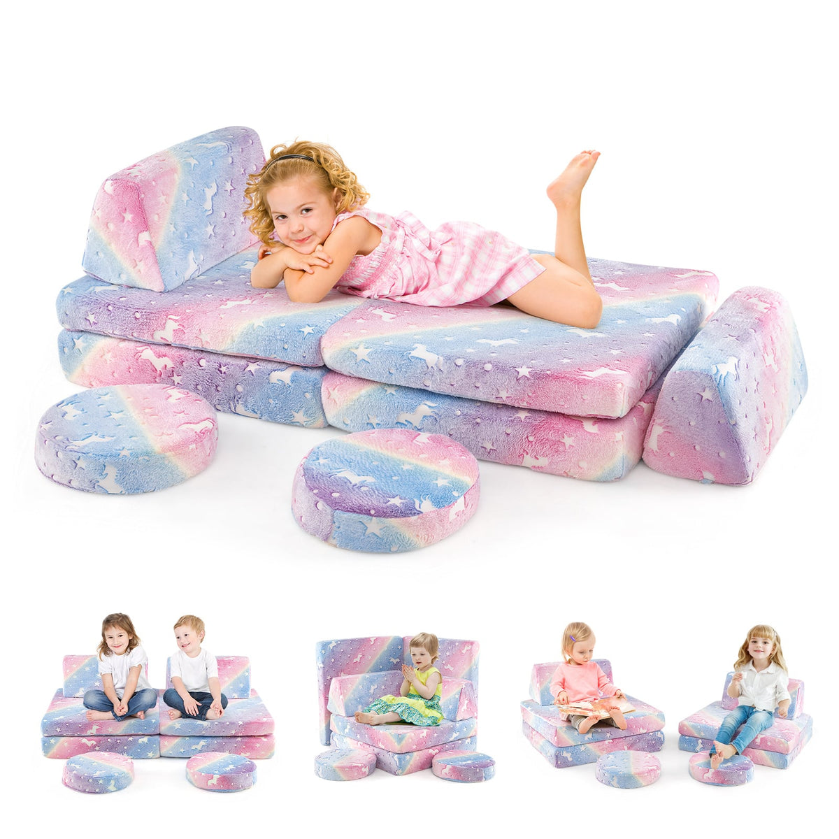 Modular Kids Play Couch Set Glow in the Dark with Portable Handles-Color-Kids Chairs-DECOROLALA