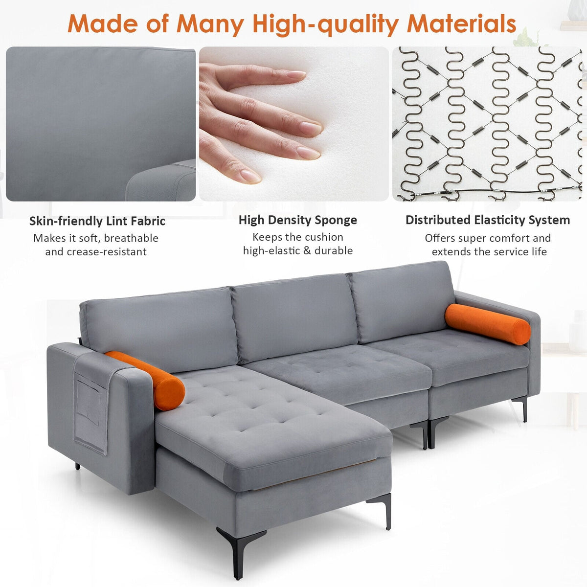 Modular L-Shaped 3-Seat Sectional Sofa with USB Ports - Gray-Sofas & Loveseats-DECOROLALA