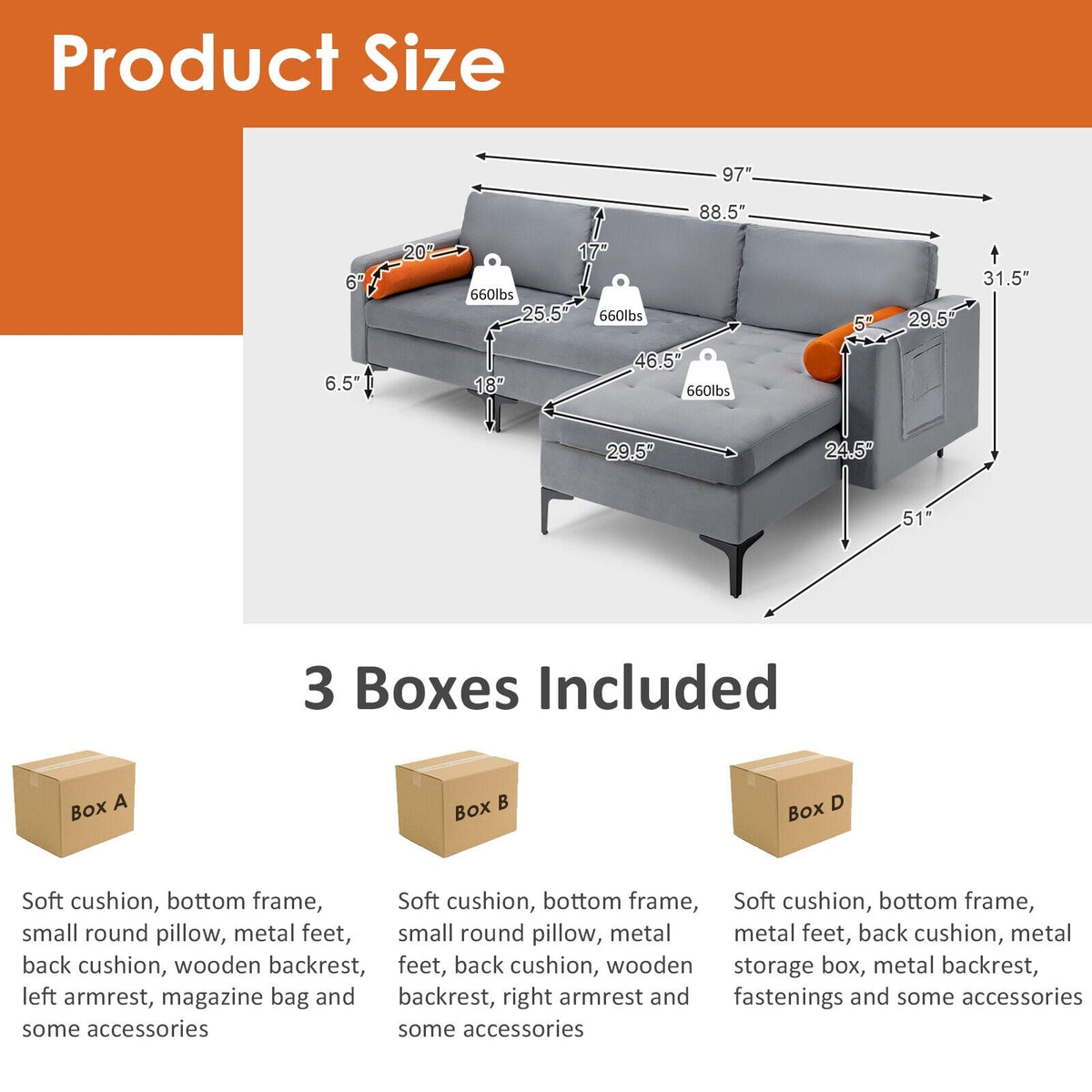 Modular L-Shaped 3-Seat Sectional Sofa with USB Ports - Gray-Sofas & Loveseats-DECOROLALA