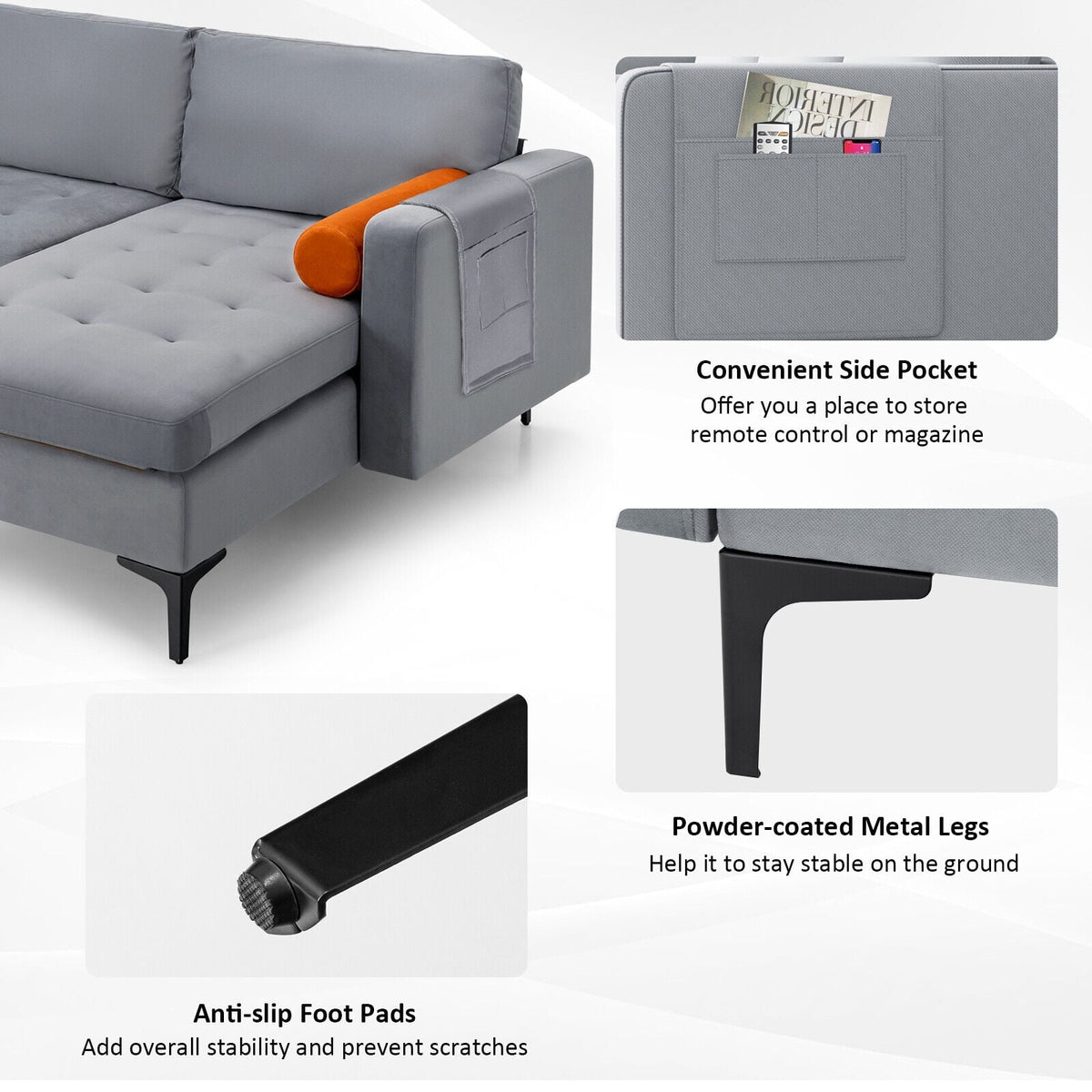 Modular L-Shaped 3-Seat Sectional Sofa with USB Ports - Gray-Sofas & Loveseats-DECOROLALA