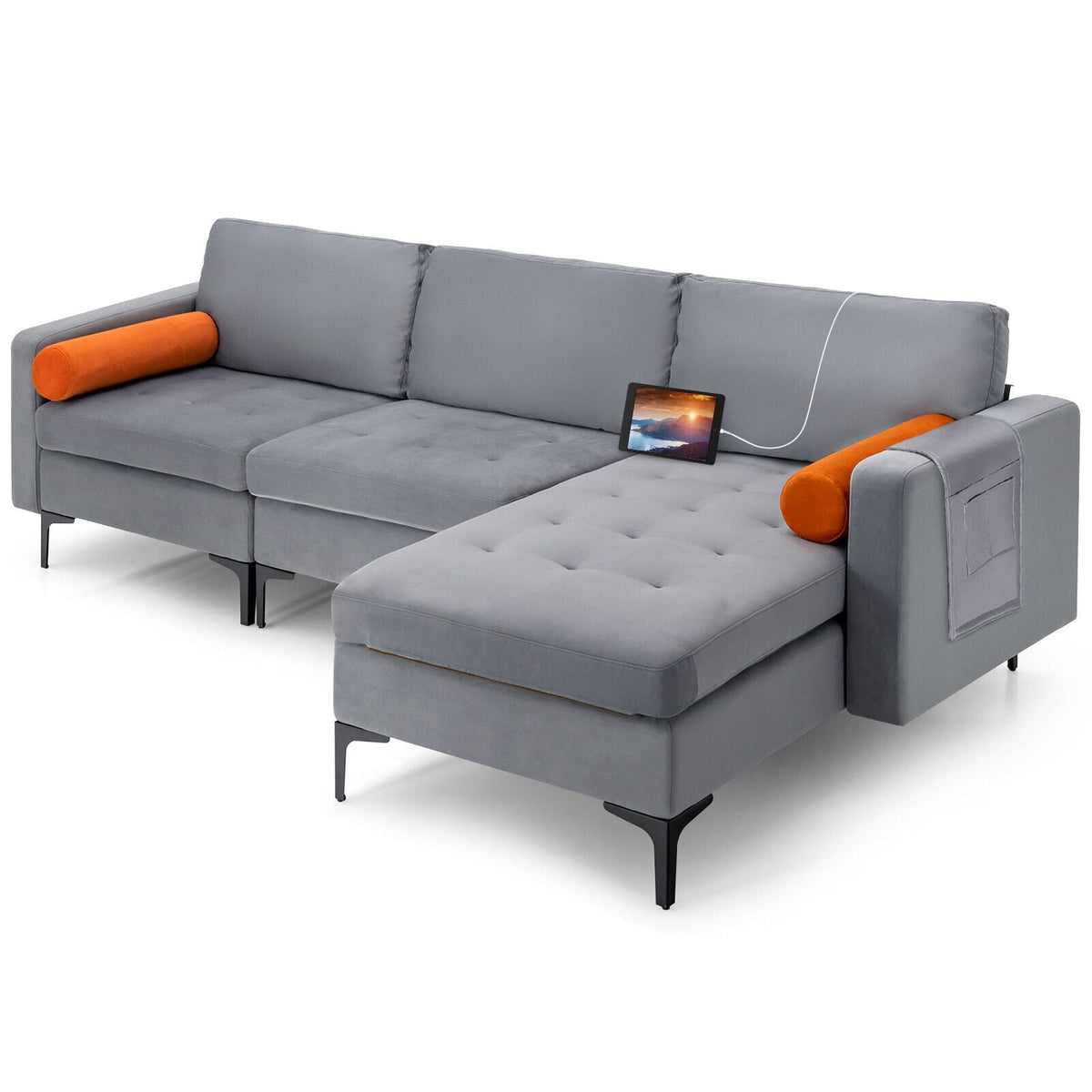 Modular L-Shaped 3-Seat Sectional Sofa with USB Ports - Gray-Sofas & Loveseats-DECOROLALA