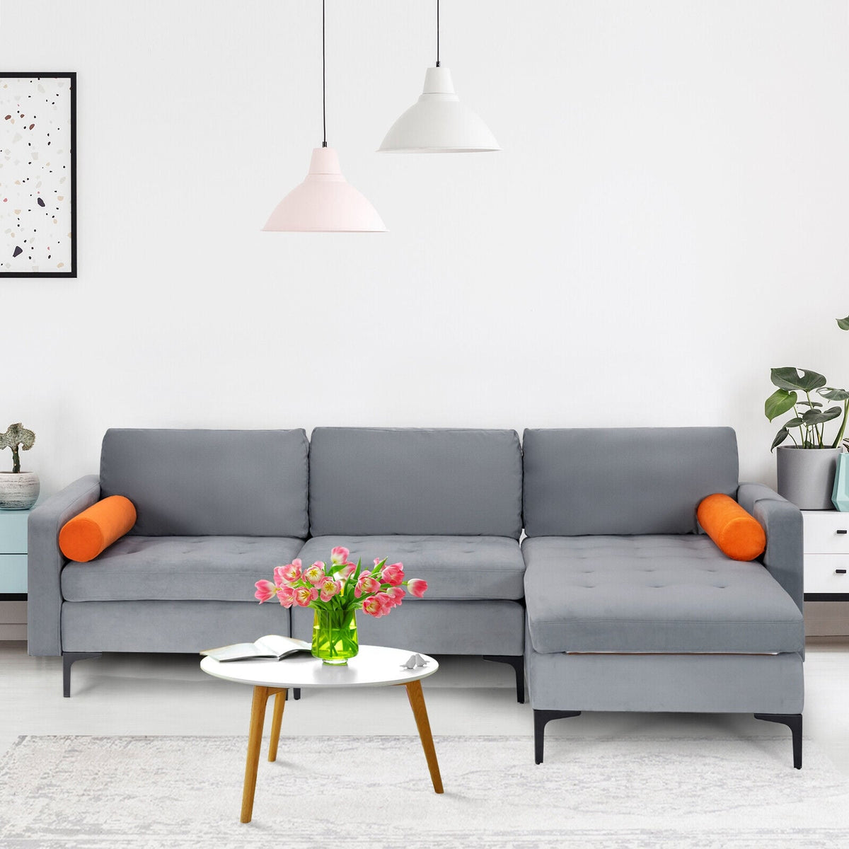 Modular L-Shaped 3-Seat Sectional Sofa with USB Ports - Gray-Sofas & Loveseats-DECOROLALA