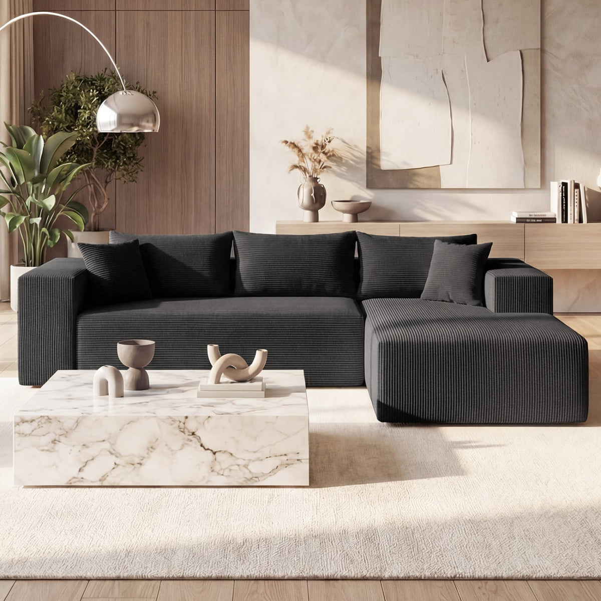 Modular L-Shaped Corduroy Sectional Sofa - Black 4-Seater-Sofas & Loveseats-DECOROLALA
