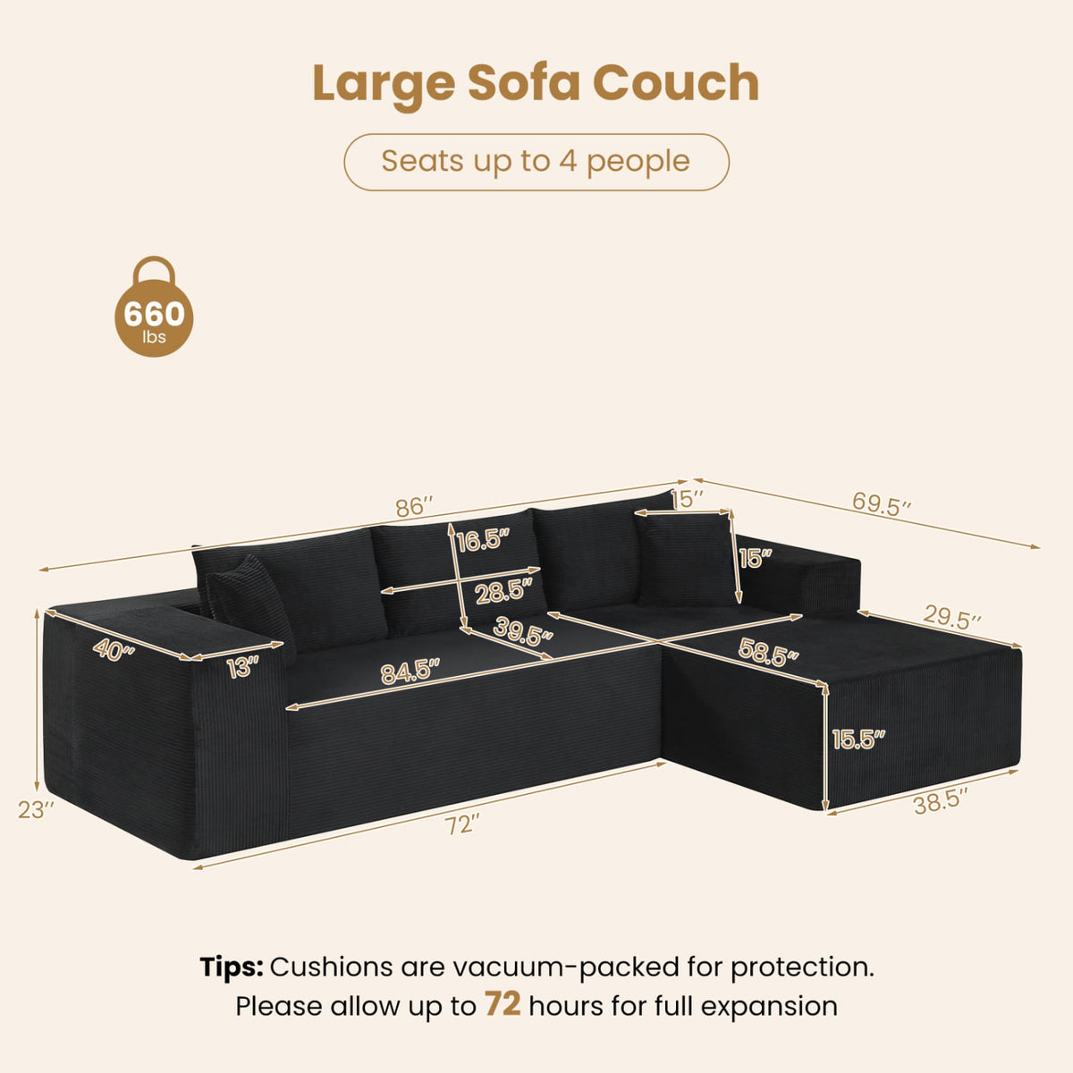 Modular L-Shaped Corduroy Sectional Sofa - Black 4-Seater-Sofas & Loveseats-DECOROLALA
