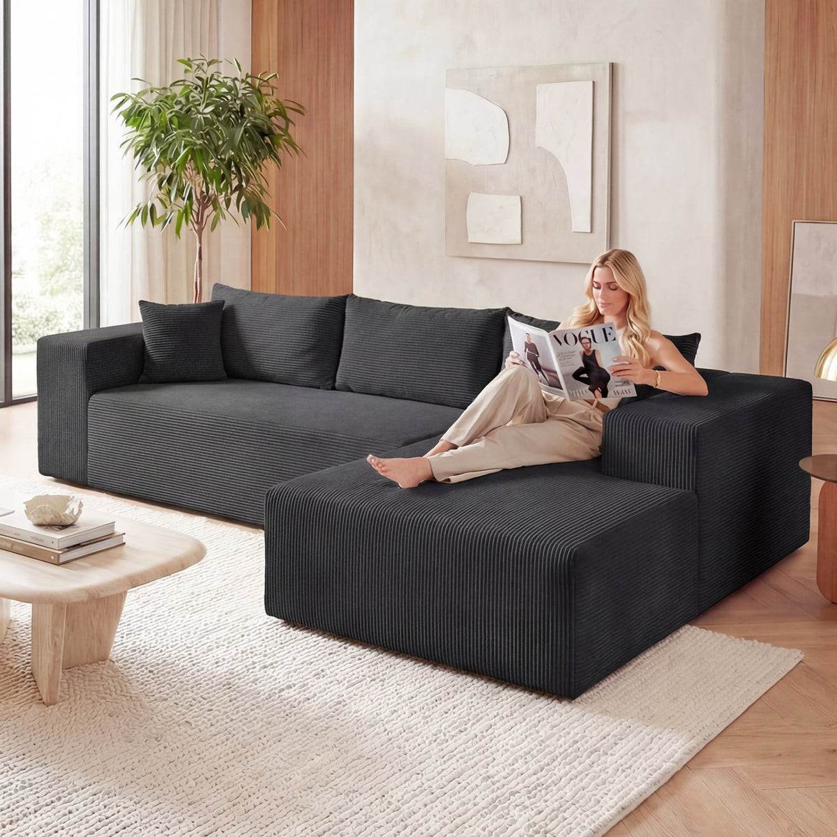Modular L-Shaped Corduroy Sectional Sofa - Black 4-Seater-Sofas & Loveseats-DECOROLALA