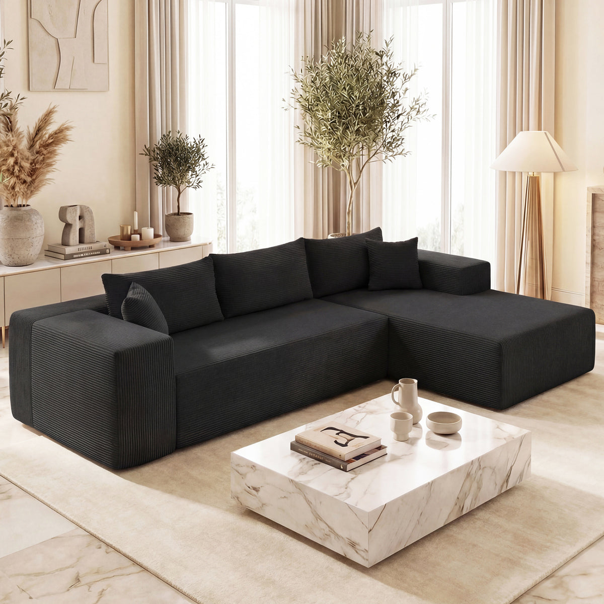 Modular L-Shaped Corduroy Sectional Sofa - Black 4-Seater-Sofas & Loveseats-DECOROLALA
